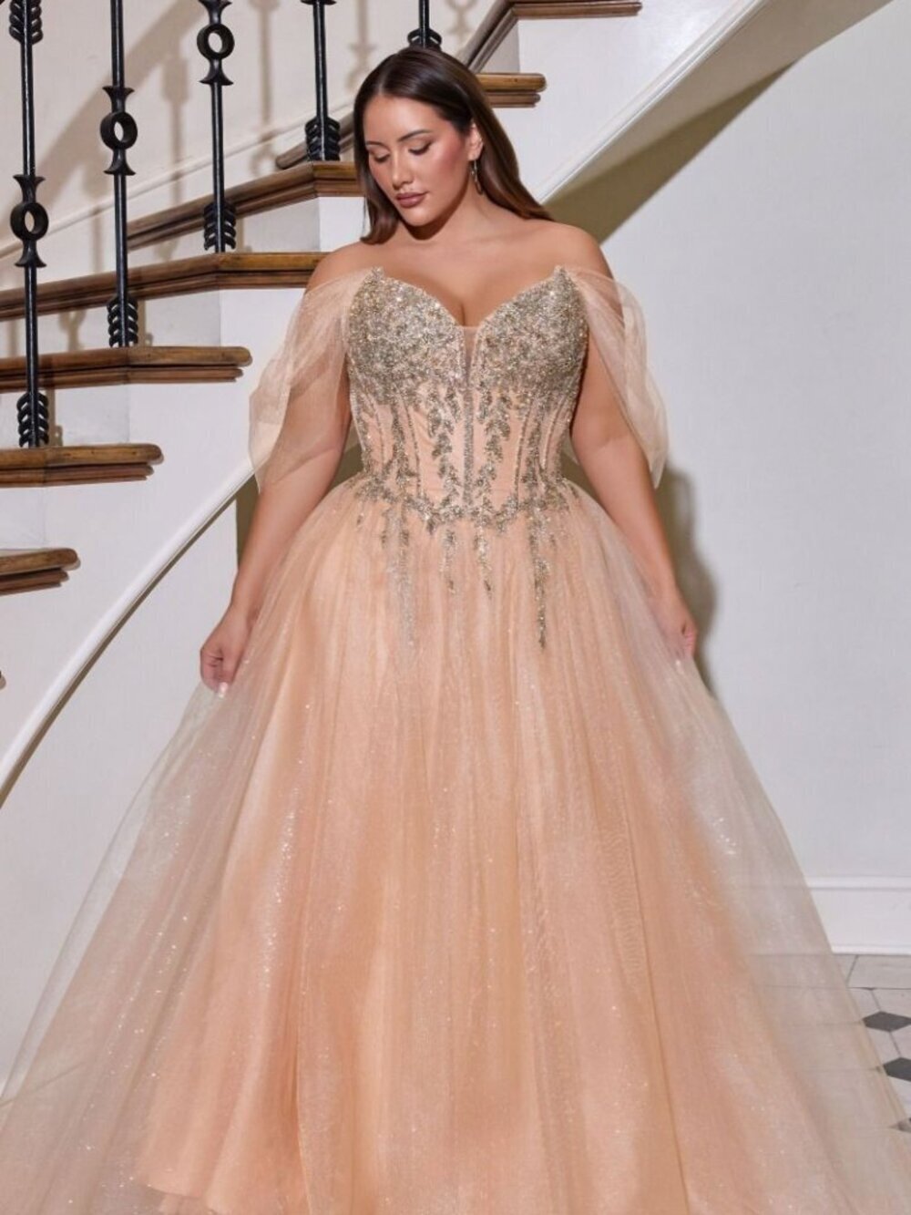 New Fashion Forward Evening Plus Size Gold Tulle Dress w/ A-Line Cut CD721C